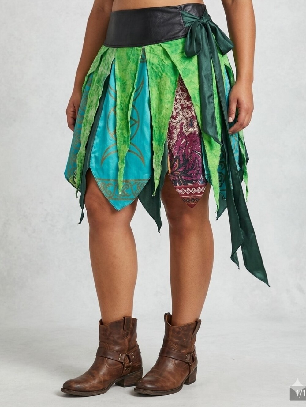 Green Multi-Panel Festival Skirt with Black Waistband Fairy Boho Halloween